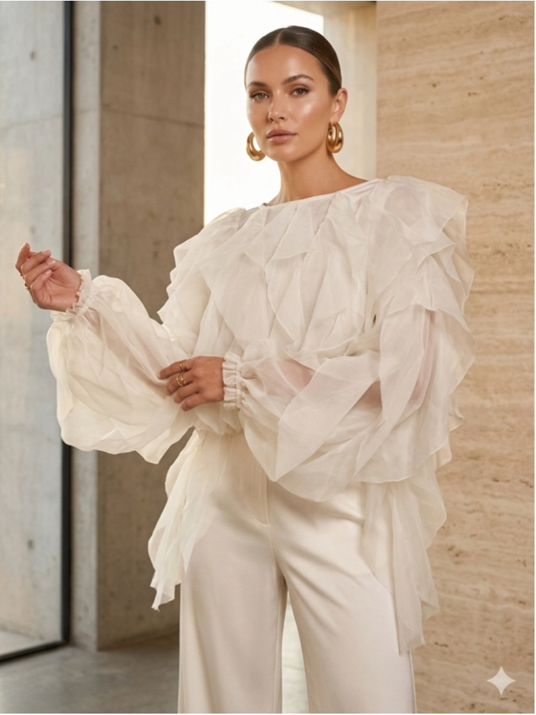 Shein X Designer White Tulle Ruffle Blouse Sheer Tiered Puff Sleeve Crop Top S